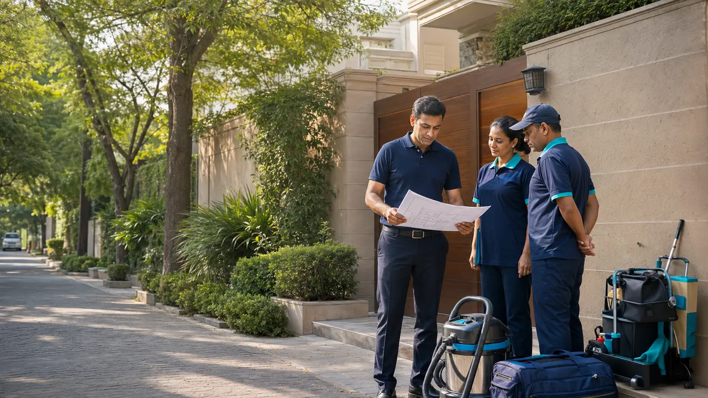 Photorealistic Indian property-care scene for Property management and professional cleaning in Jor Bagh.