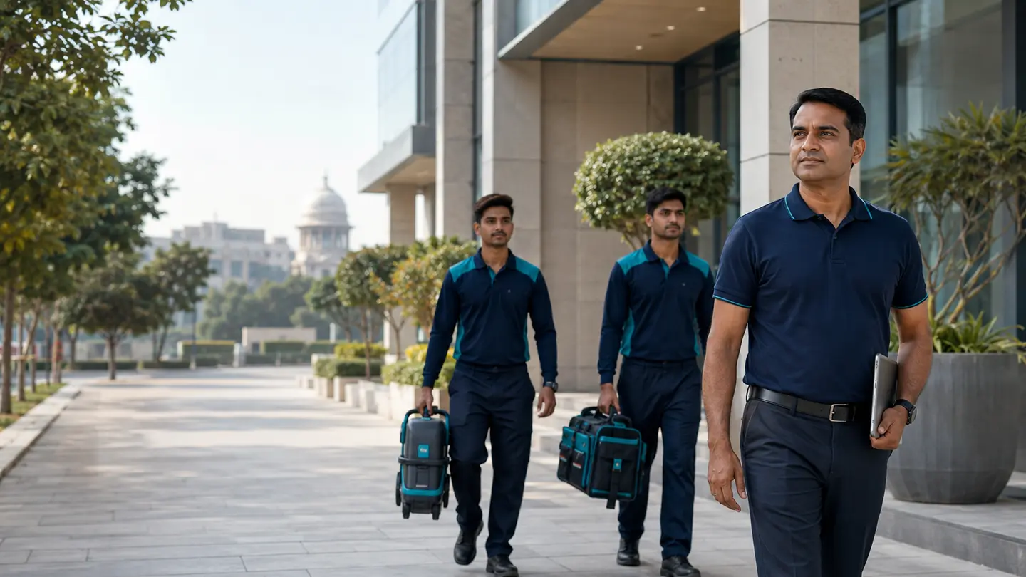 Photorealistic Indian property-care scene for Property management and professional cleaning in North Delhi.