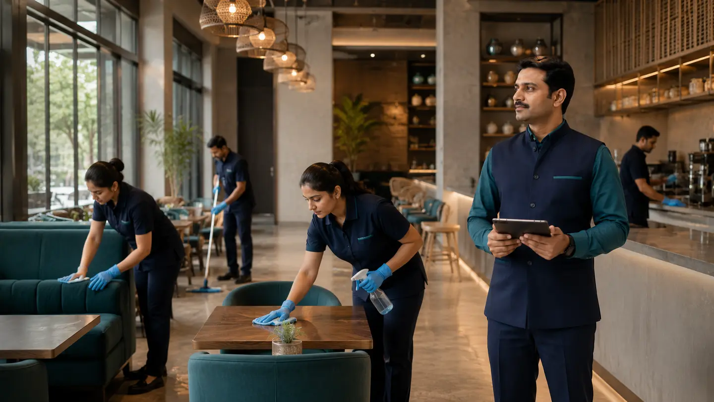 Indian professionals performing upholstery care in a premium cafe