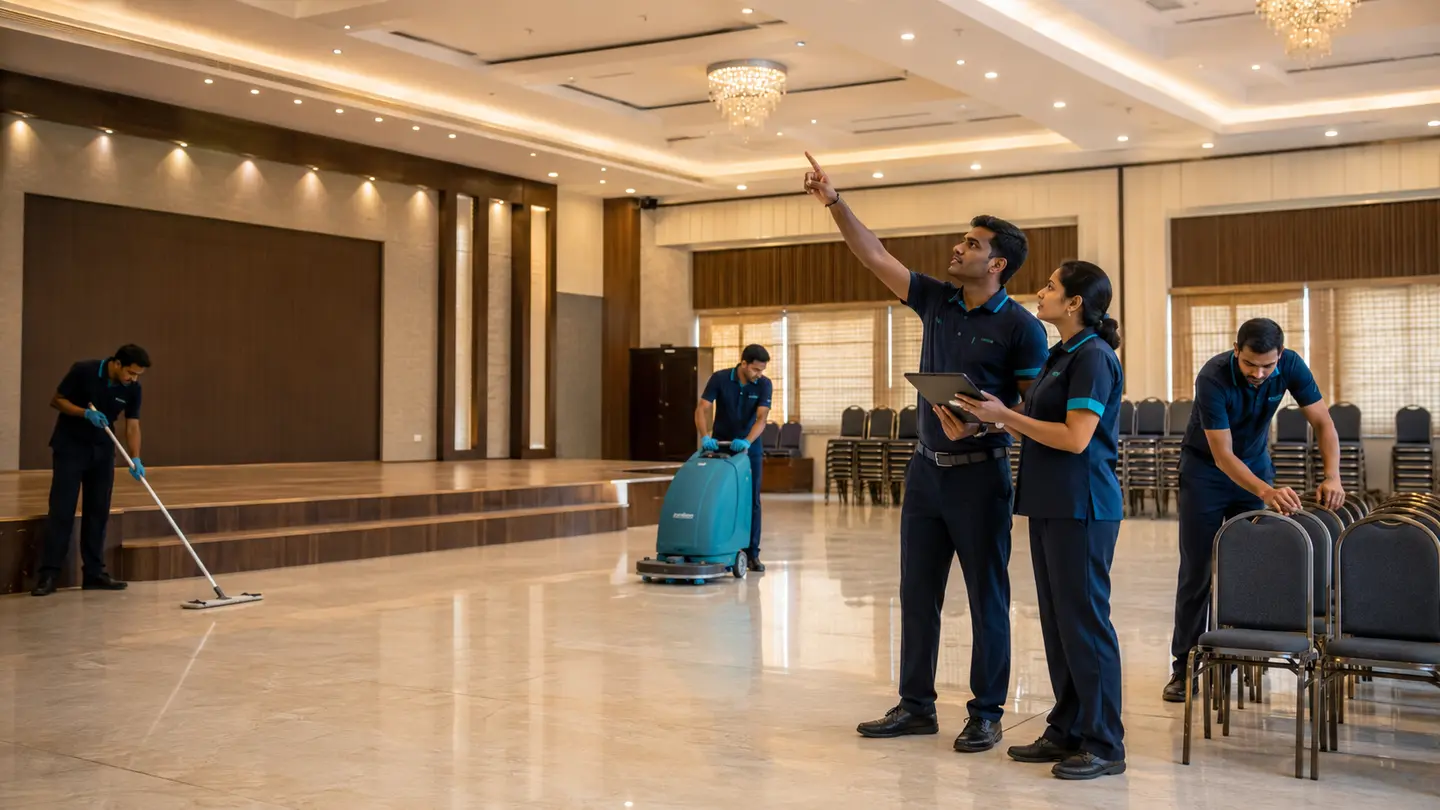 Photorealistic Indian property-care scene for Property management for Community Halls.