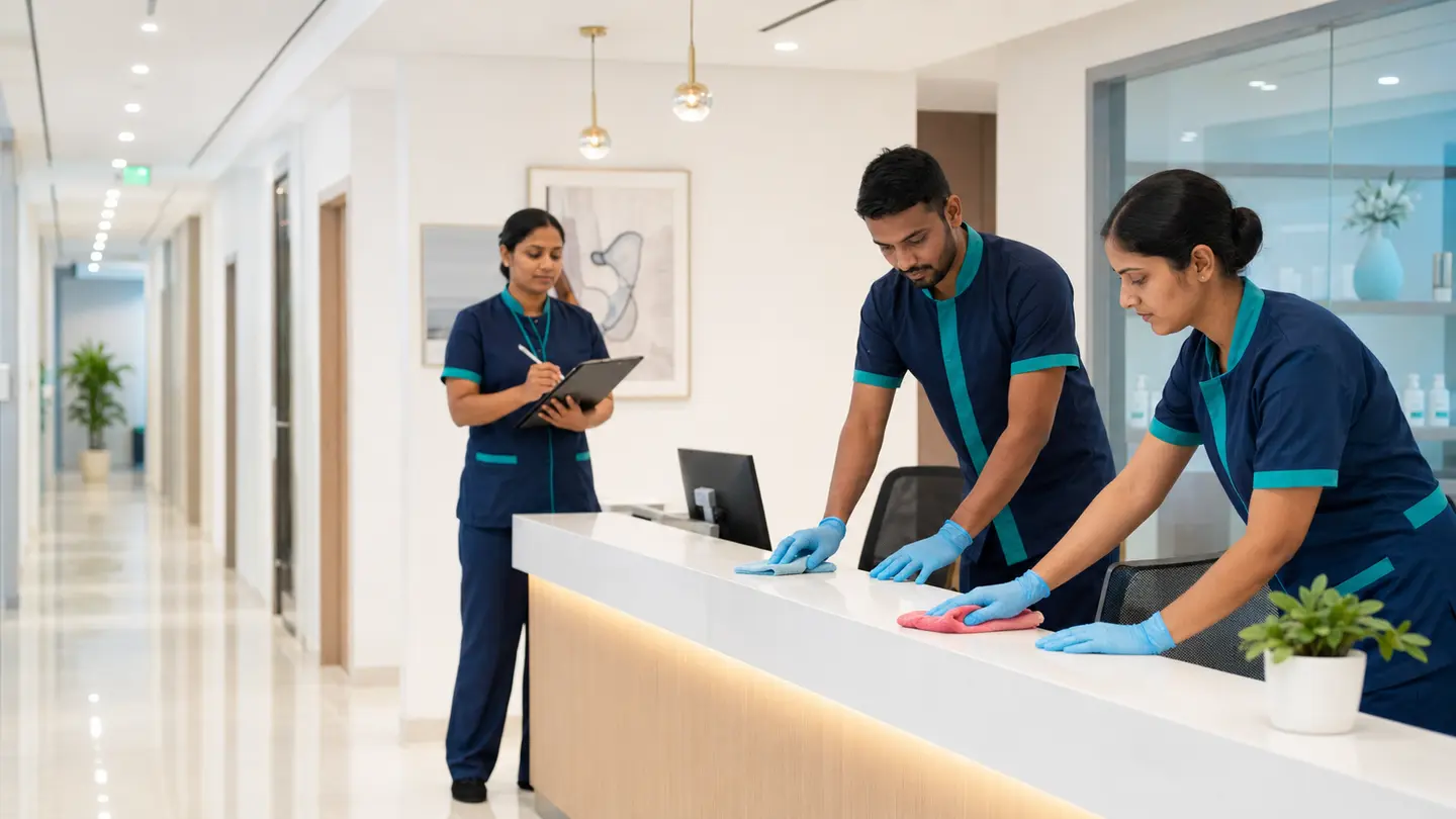 Photorealistic Indian property-care scene for Property management for Healthcare & Clinics.