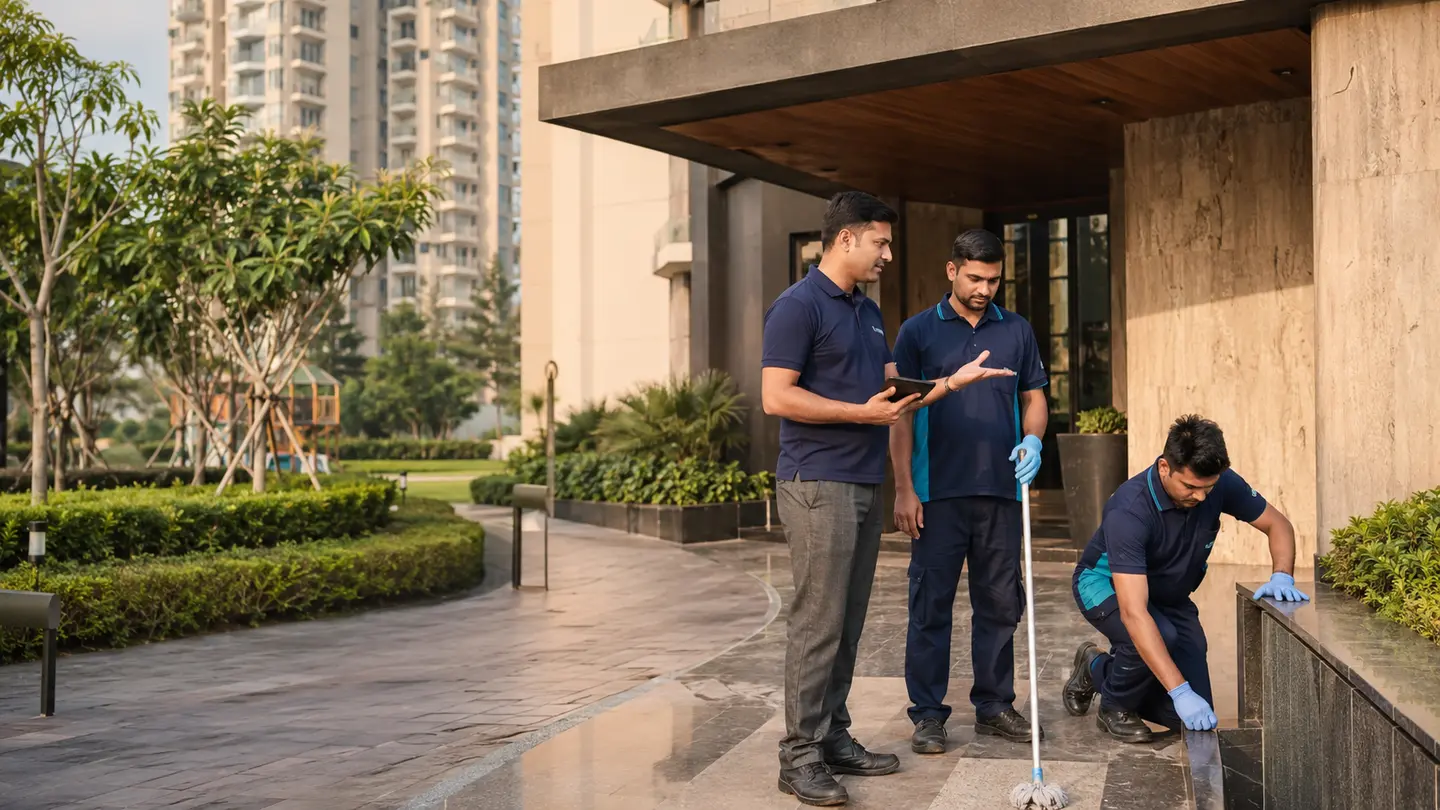 Photorealistic Indian property-care scene for Property management for Residential Societies.