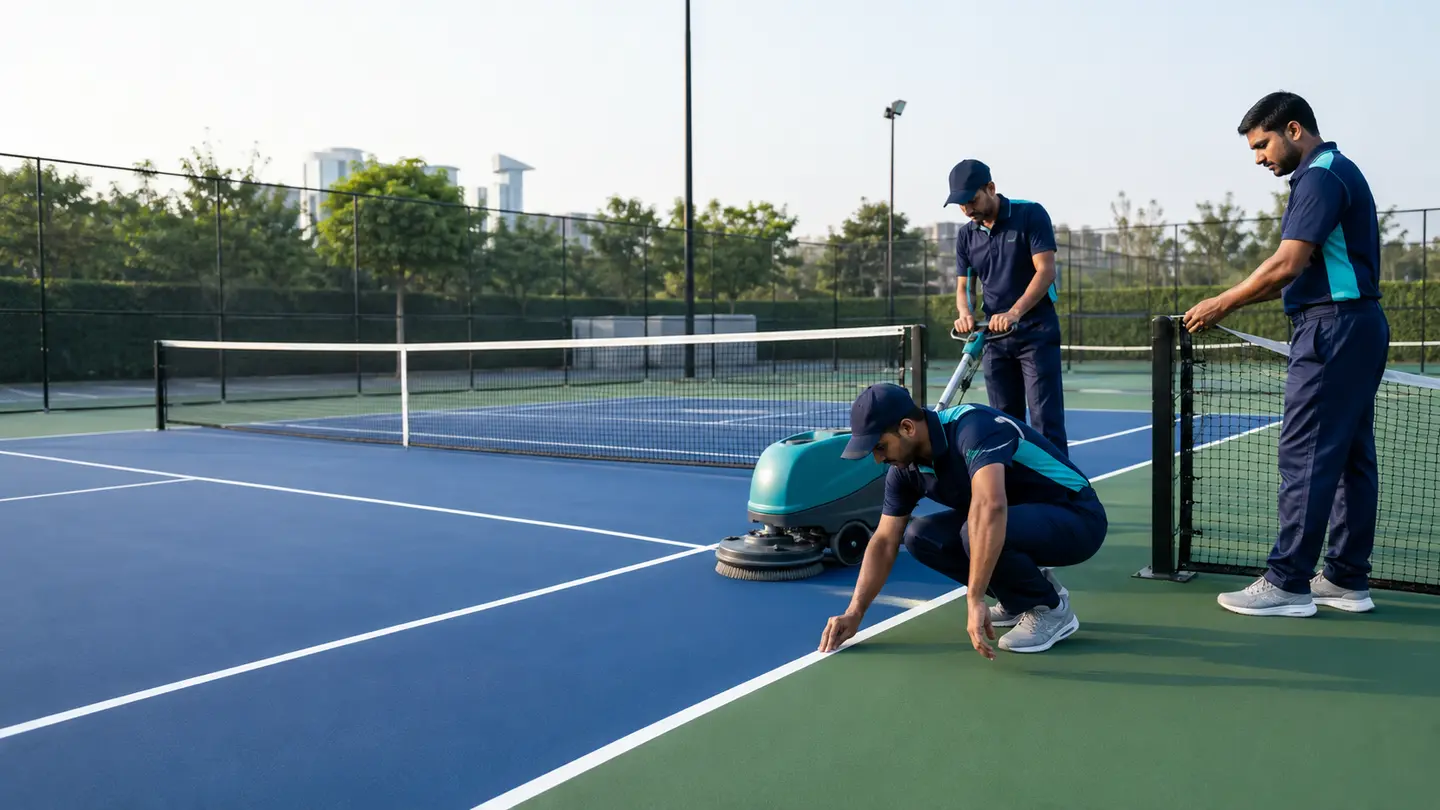 Photorealistic Indian property-care scene for Property management for Pickleball & Sports Courts.