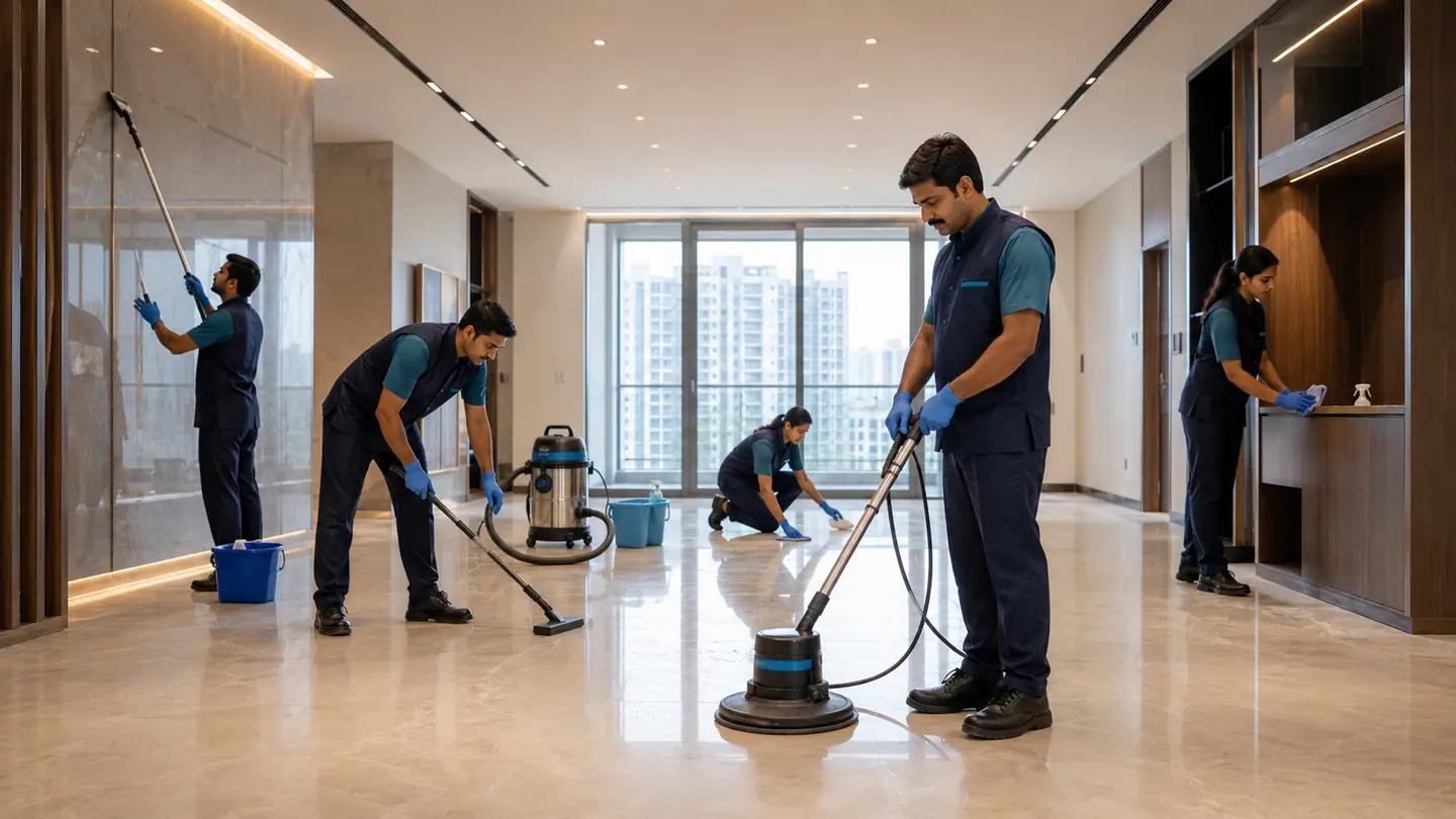 Photorealistic Indian property-care scene for Post-Construction Cleaning Before a Builder or Interior Handover