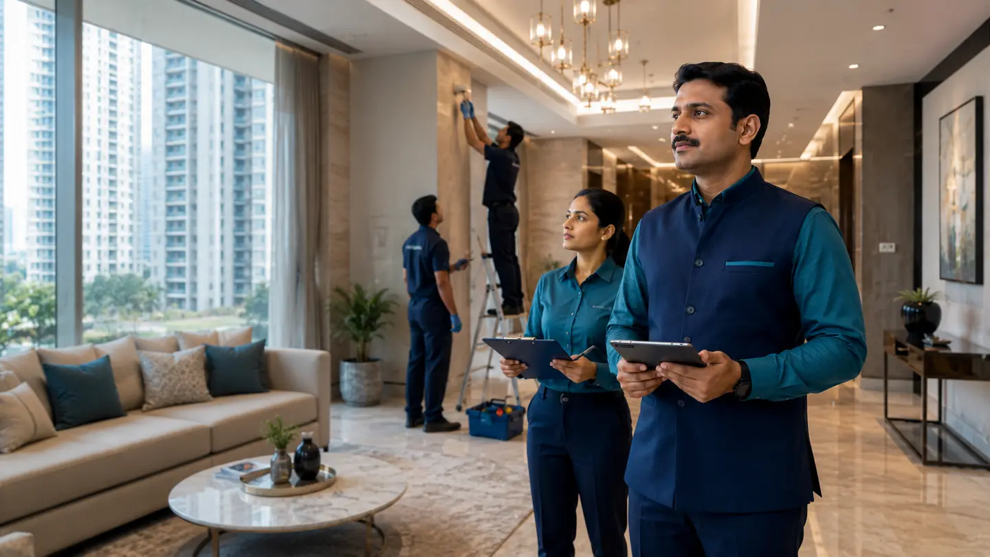 Photorealistic Indian property-care scene for Integrated property management for homes, offices and commercial sites.
